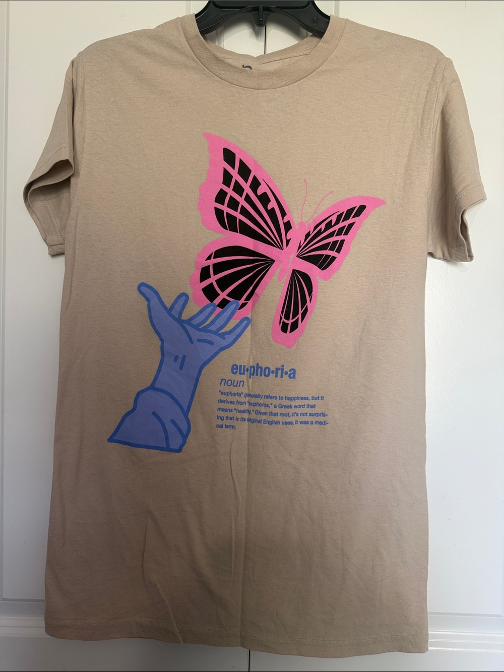 Euphoria Graphic Short Sleeve Tee - Beige with Pink & Blue Print